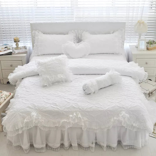 100%Cotton Thick Quilted Lace White Bedding set Girls Pink Princess King Queen Twin size Bed set Ruffle Bed skirt set Pillowcase