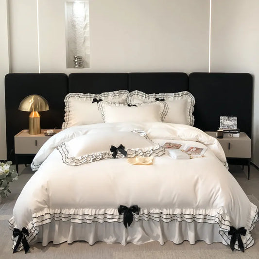 White Korean Style Lace Ruffles Black/Red Bow Princess Bedding Set Duvet Cover Bed Skirt Or Fitted Sheet Bed Sheet Pillowcases