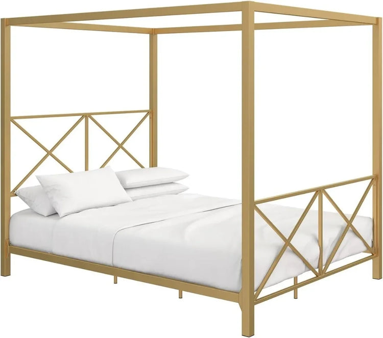 DHP Rosedale Metal Canopy Bed Frame with Four Poster Design and Geometric Accented Headboard Underbed Storage Space Queen Gold