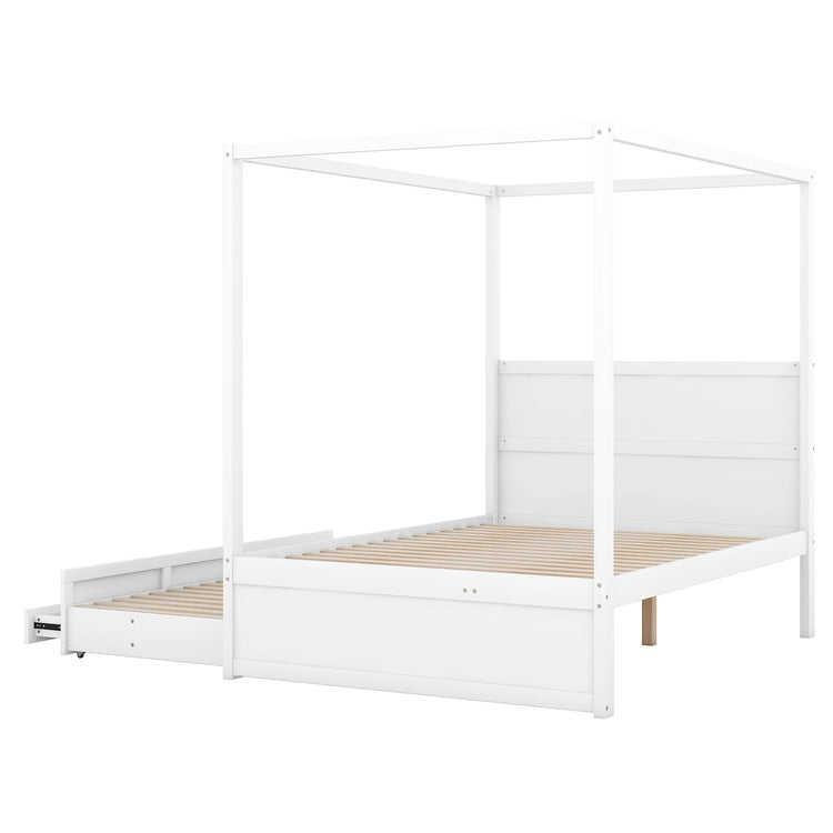 140 x 200 four-poster bed, platform with pull-out single bed and three storage compartments, white