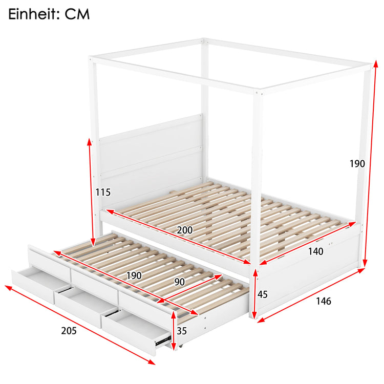 140 x 200 four-poster bed, platform with pull-out single bed and three storage compartments, white