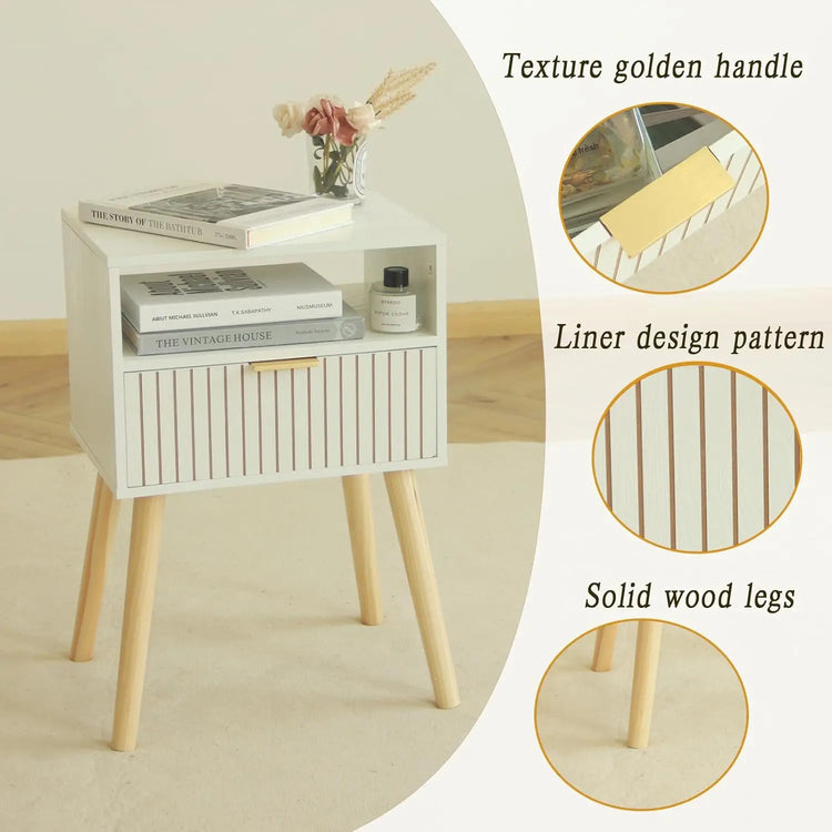 White Nightstand, Mid Century Modern  Small Bedside Table End  for Bedroom with 2-Tier Storage,