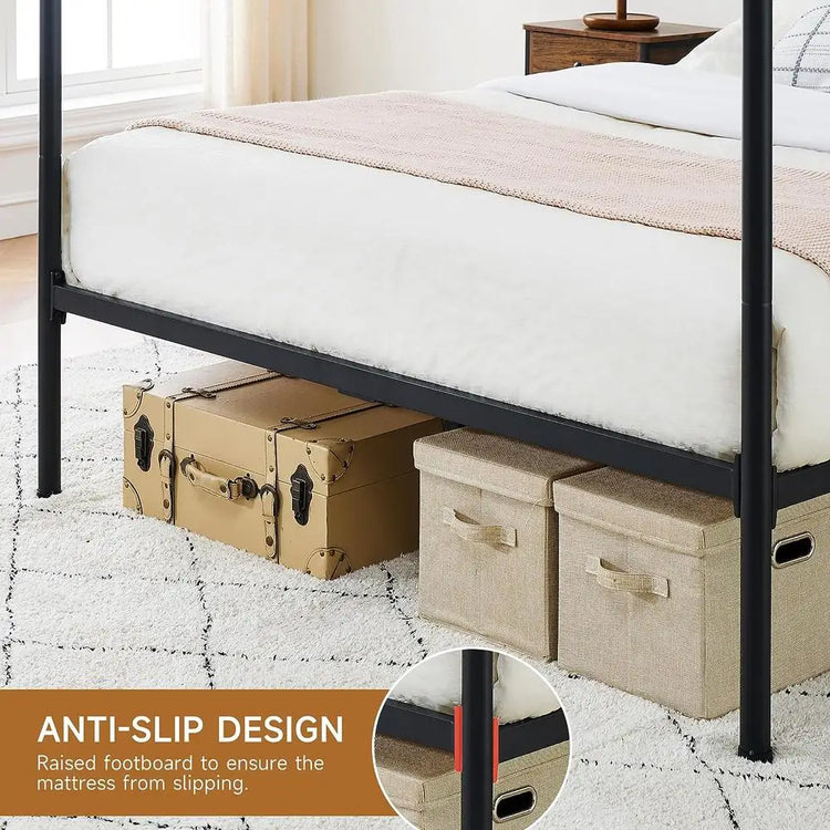 Canopy Bed Frame Four-Poster Platform Metal Bed Frame with Headboard and Wooden Slats Support No Box Spring Needed