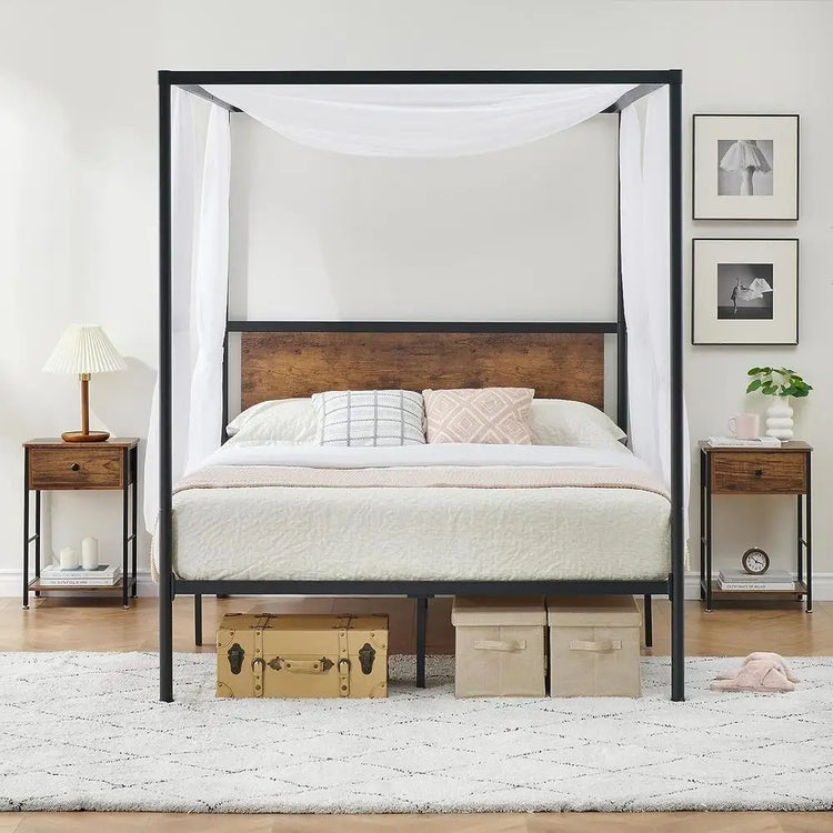Canopy Bed Frame Four-Poster Platform Metal Bed Frame with Headboard and Wooden Slats Support No Box Spring Needed