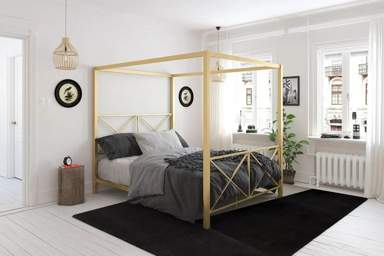 DHP Rosedale Metal Canopy Bed Frame with Four Poster Design and Geometric Accented Headboard Underbed Storage Space Queen Gold
